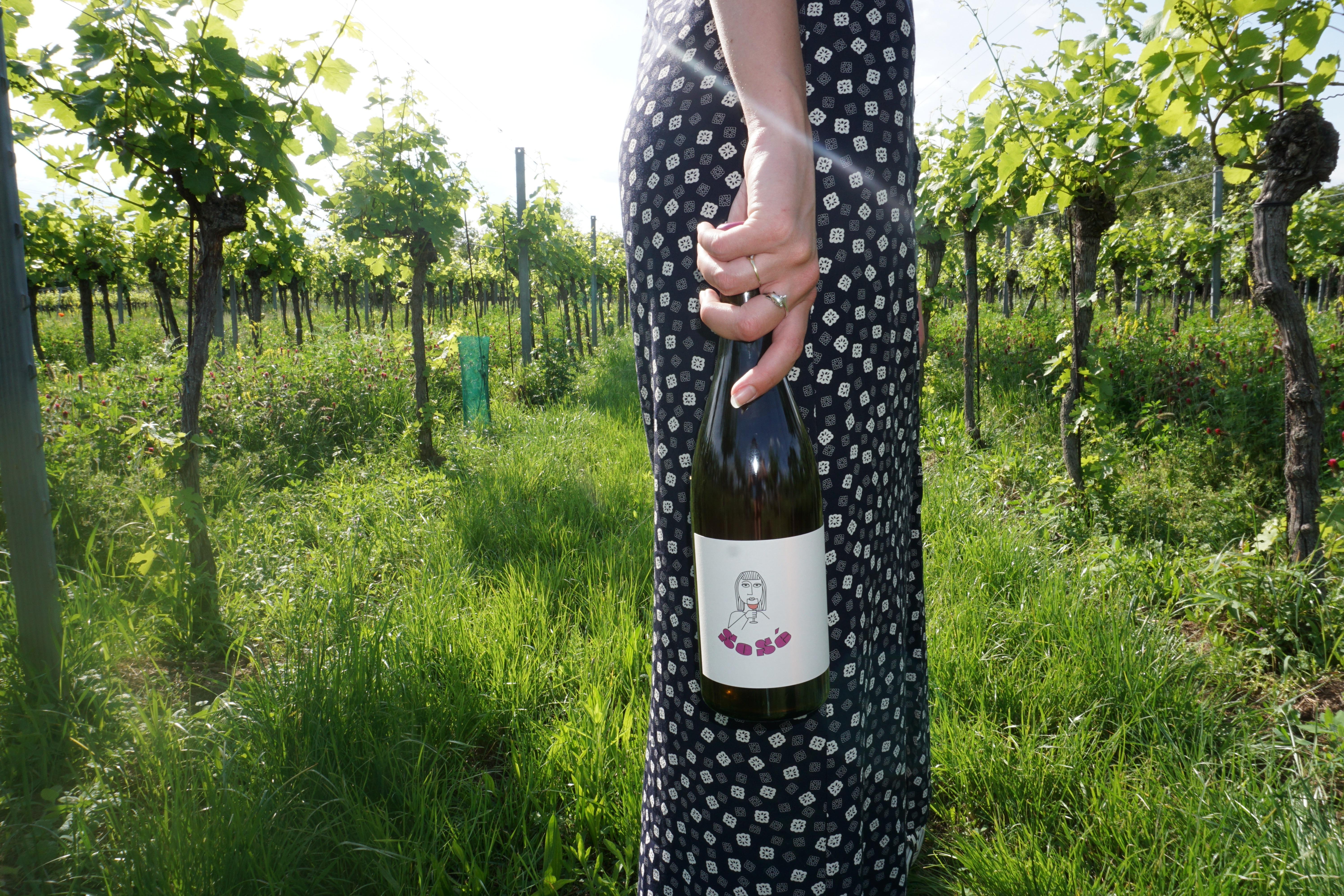 Das Foto zeigt Sophie Wieninger wie sie im frühlingshaften Weingarten eine Flasche "SoSé Syrah Rosé" spazieren trägt.